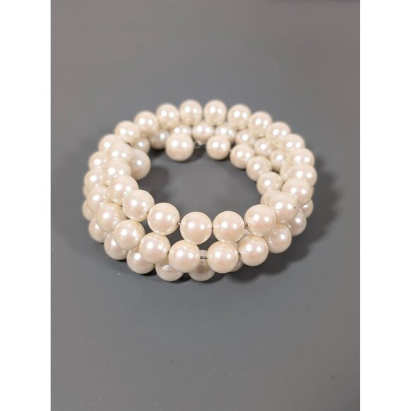 Elegant Faux Pearl Bead Coil Wrap Bracelet 8" Bridal Cream - Picture 3 of 5